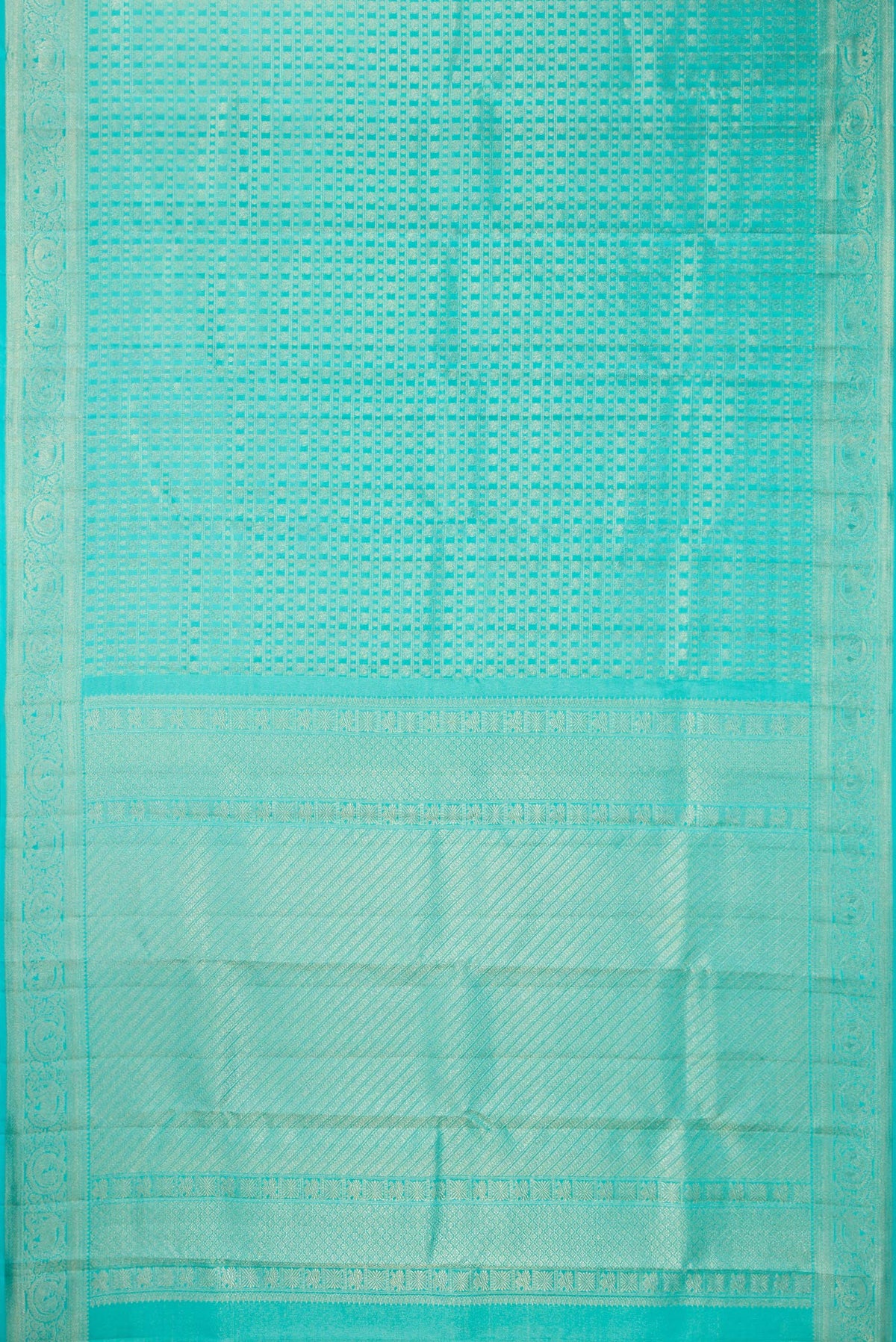 Flat view of Pure Silk Turquoise Dual Tone Kanchipuram Saree with Zari Brocade on the body and Fancy Border. 
