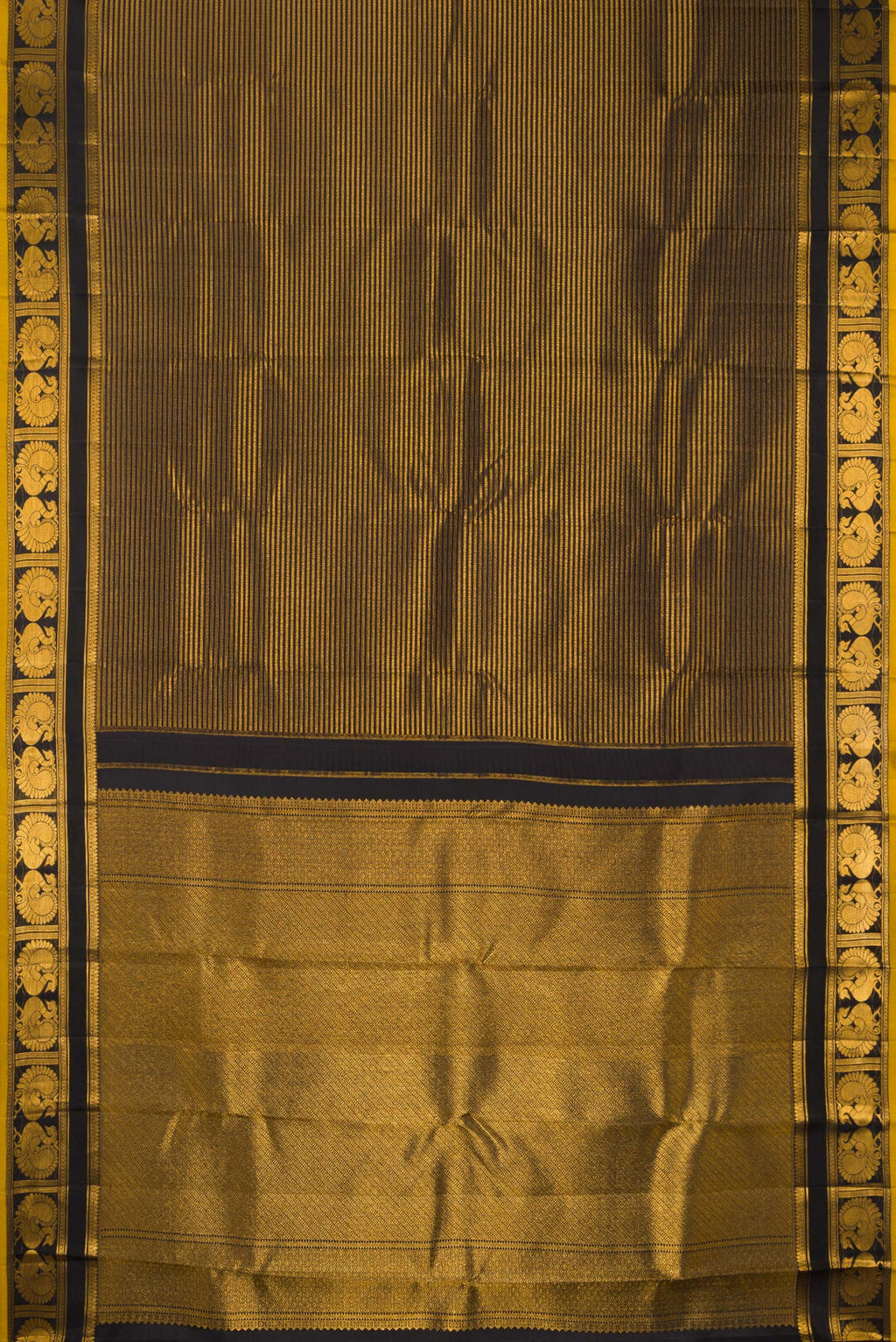 Flat view of Pure Silk Black Dual Tone Kanchipuram Saree with Stripes on the body and Fancy Border. 