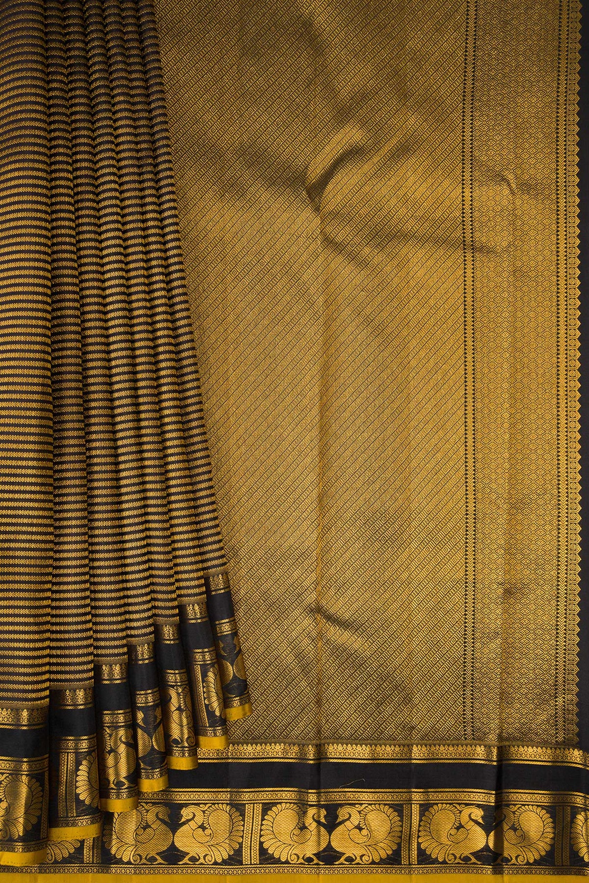 Pleats and pallu of Pure Silk Black Dual Tone Kanchipuram Saree with Stripes on the body and Fancy Border. 
