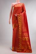 Pure Silk Red Dual Tone Kanchipuram Saree with Zari Brocade on the body and Fancy Border.  displayed on a mannequin