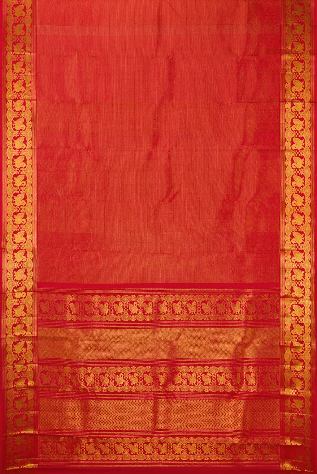 Flat view of Pure Silk Red Dual Tone Kanchipuram Saree with Zari Brocade on the body and Fancy Border. 