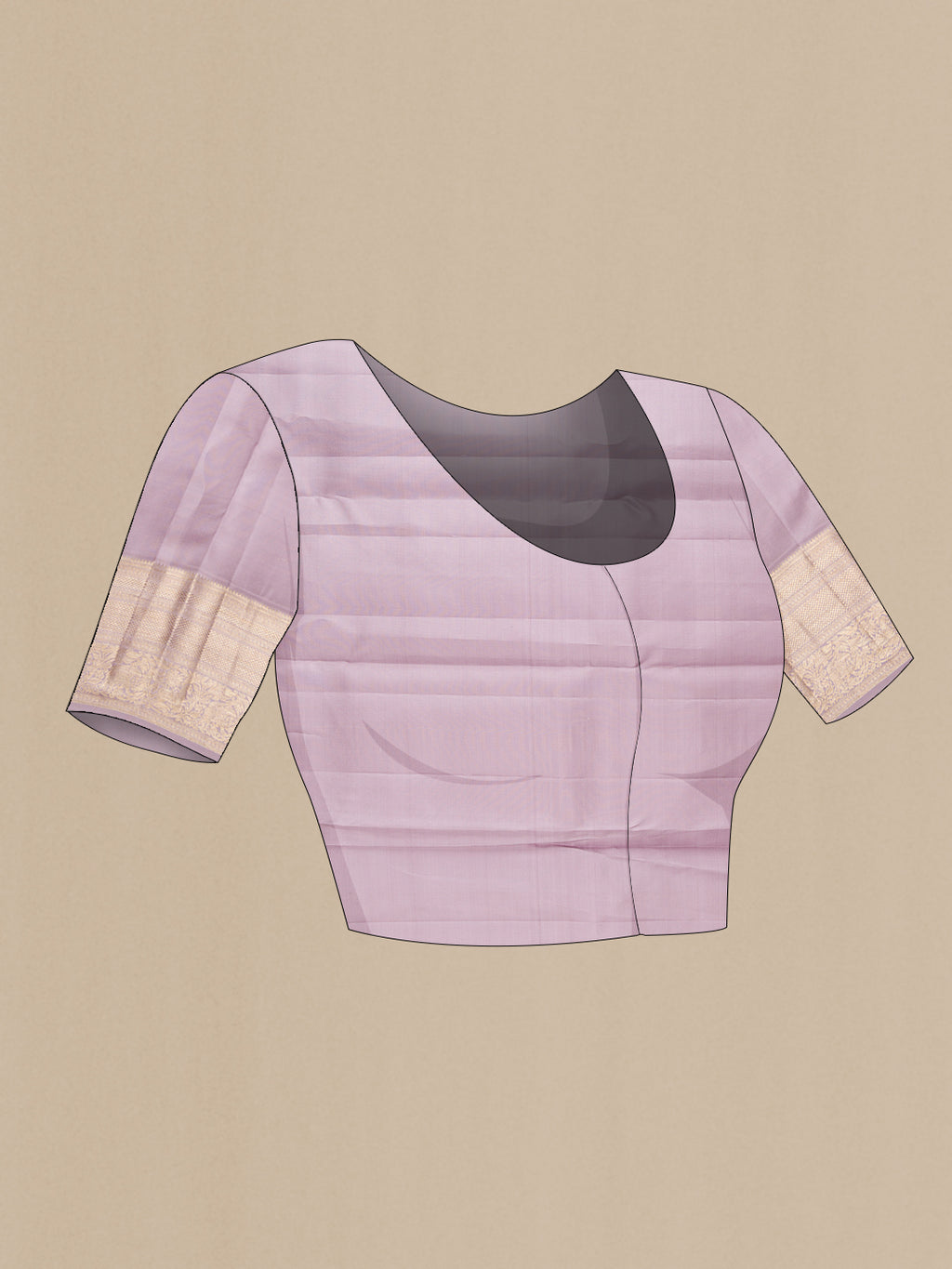 Close up image of the blouse of Pure Silk Lilac Dual Tone Kanchipuram Saree with Zari Brocade on the body and Zari Border. 