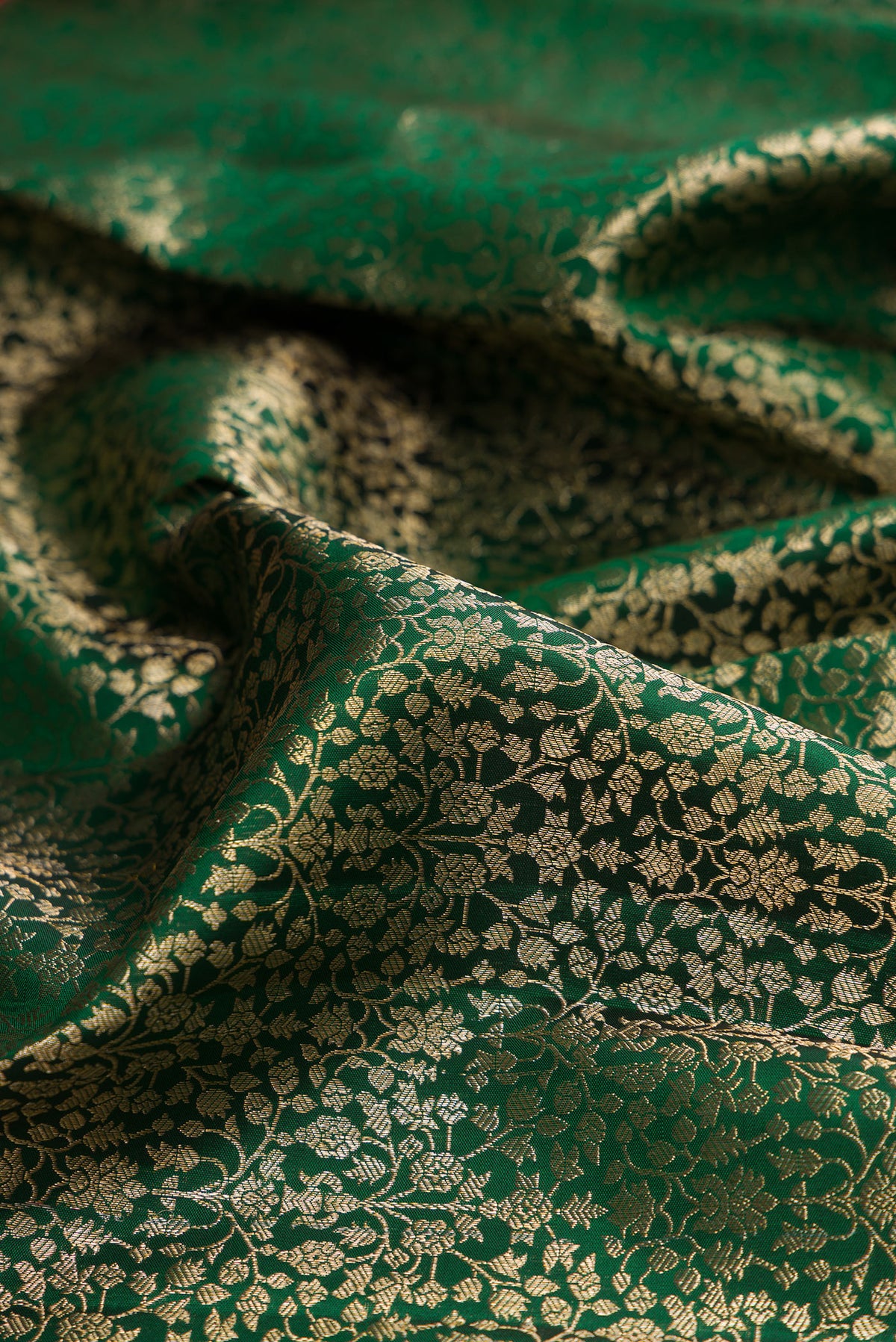 Close up of Pure Silk Bottle Green Kanchipuram Saree with Zari Brocade on the body and Zari Border.  displaying folds