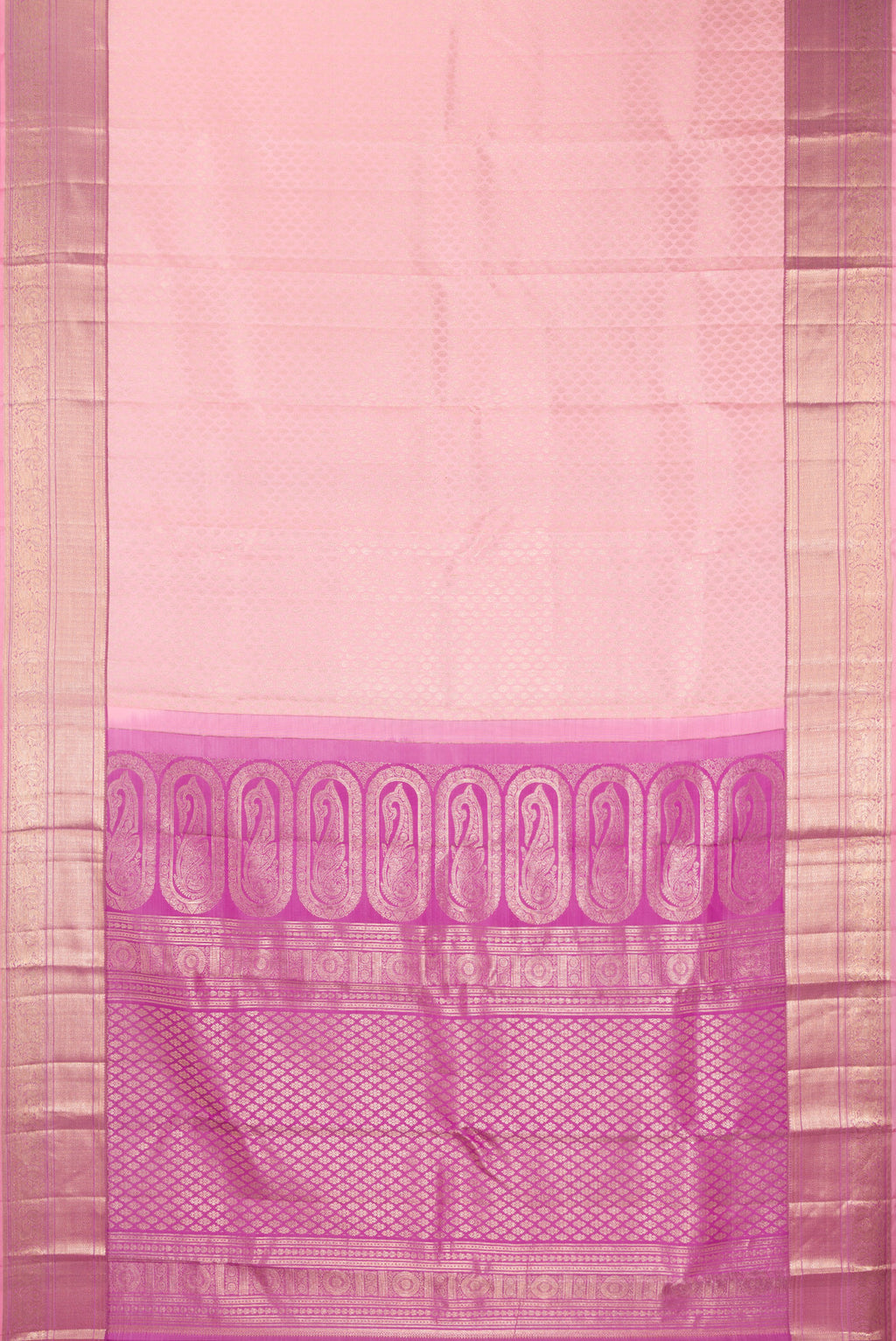 Flat view of Pure Silk Rose pink Kanchipuram Saree with Zari Brocade on the body and Fancy Border. 