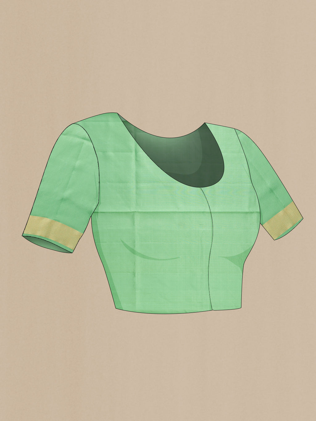 Close up image of the blouse of Pure Silk Light Green Soft Saree with Zari Butta on the body and Zari Border. 