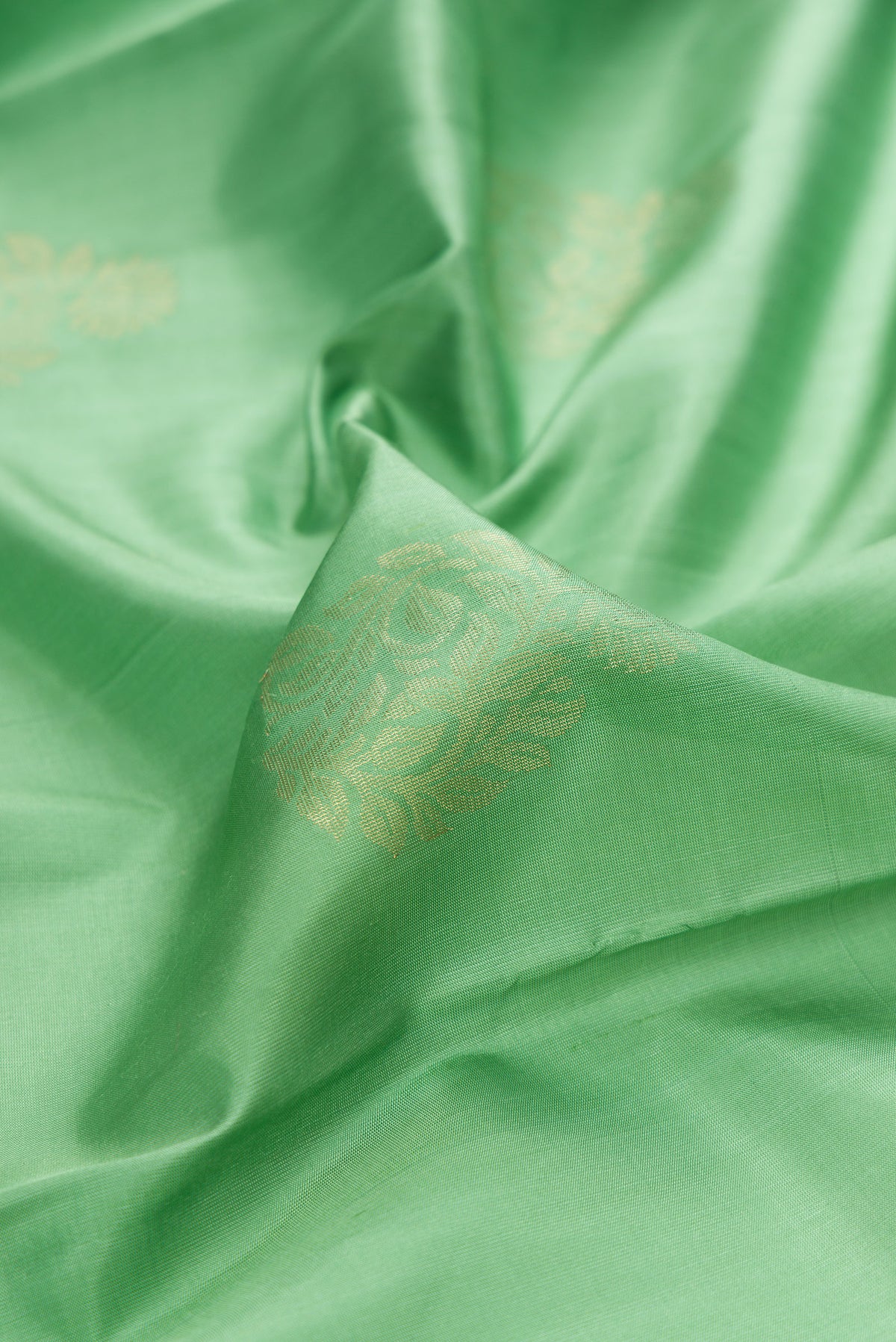 Close up of Pure Silk Light Green Soft Saree with Zari Butta on the body and Zari Border.  displaying folds