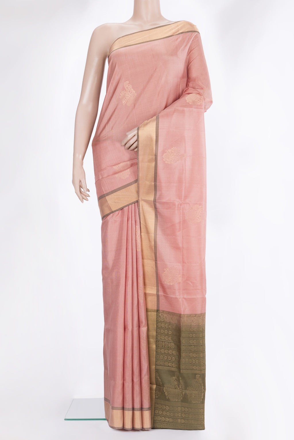 Pure Silk Golden Peach Soft Saree with Zari Butta on the body and Zari Border.  displayed on a mannequin