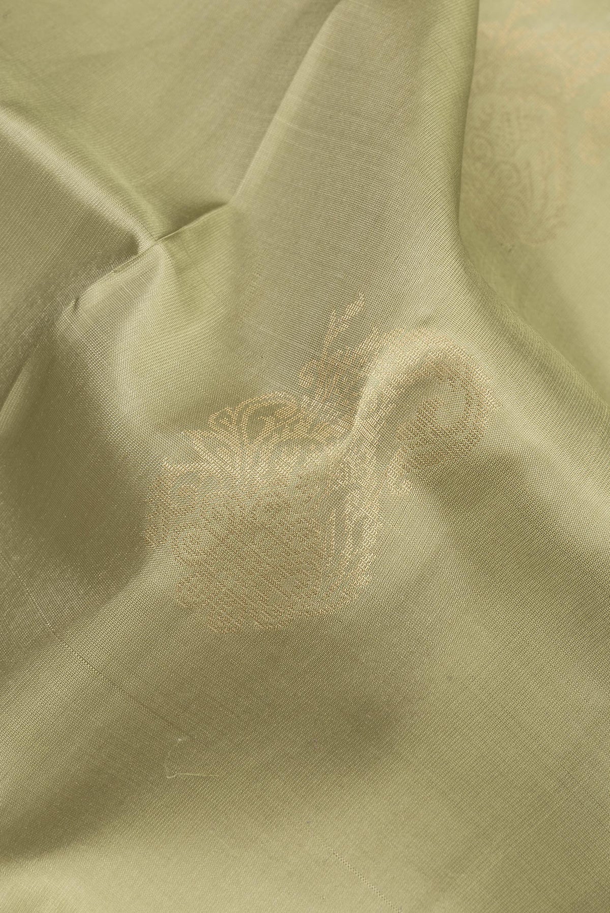Close up of Pure Silk Beige Soft Saree with Zari Butta on the body and Zari Border.  displaying folds