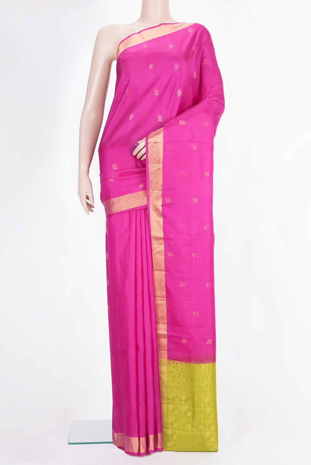 Pure Silk Rani Pink Soft Saree with Zari Butta on the body and Zari Border.  displayed on a mannequin