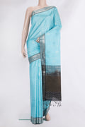 Pure Silk Sky Blue Soft Saree with Zari Butta on the body and Zari Border.  displayed on a mannequin