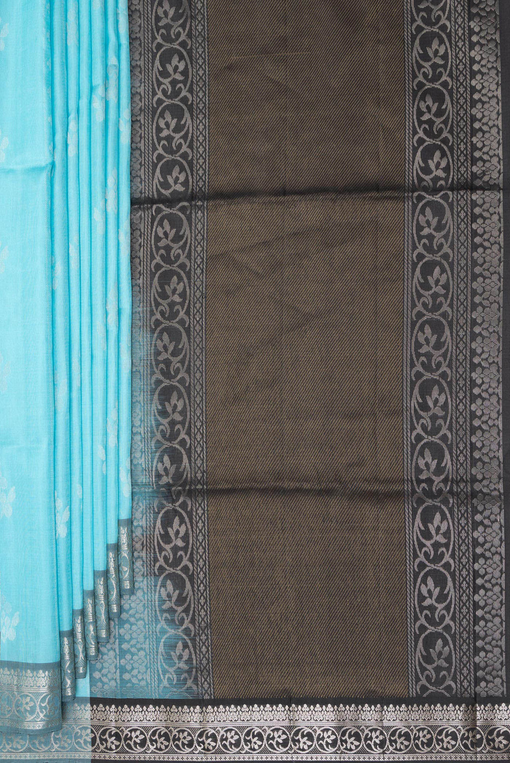 Pleats and pallu of Pure Silk Sky Blue Soft Saree with Zari Butta on the body and Zari Border. 