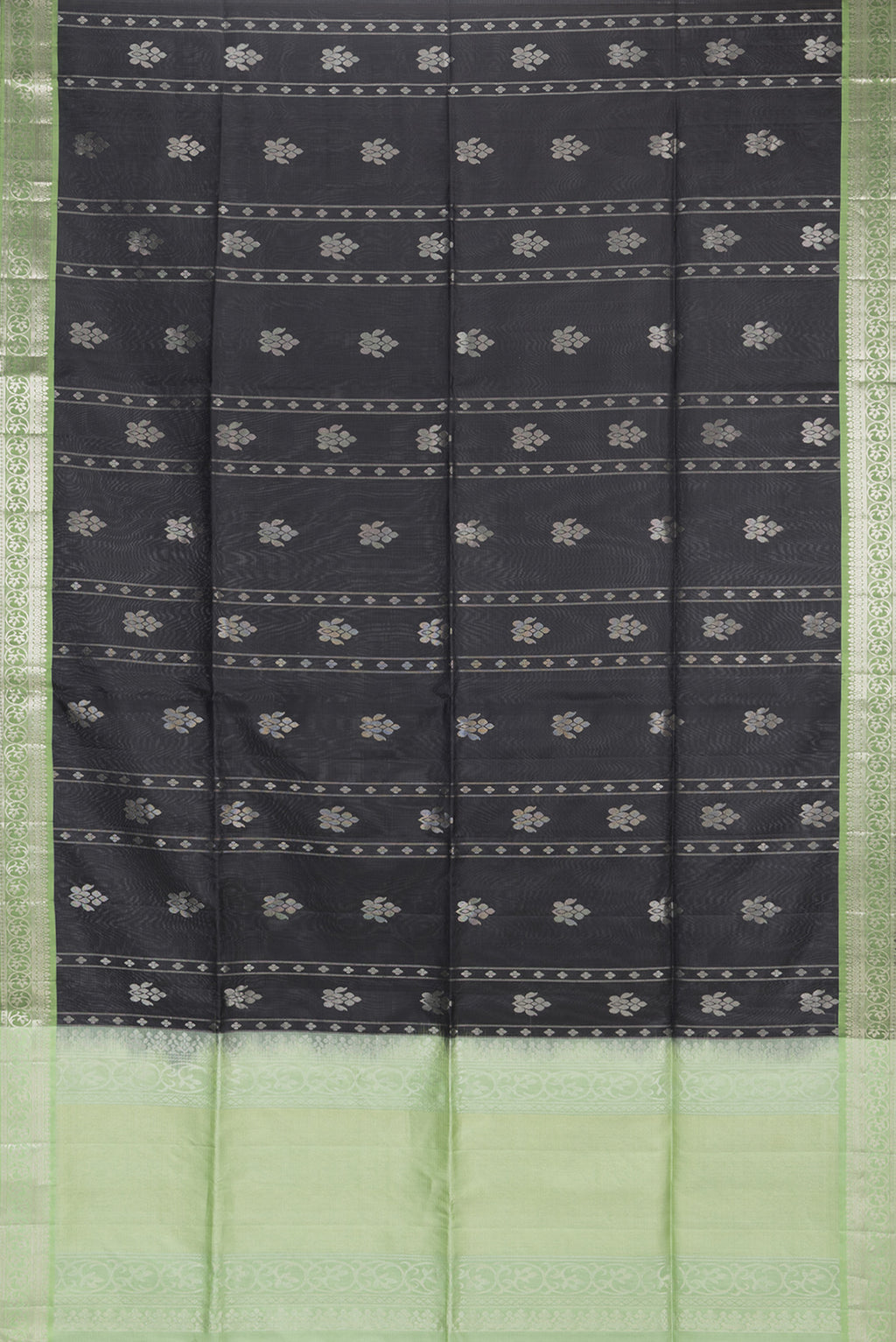 Flat view of Pure Silk Black Soft Saree with Zari Butta on the body and Zari Border. 
