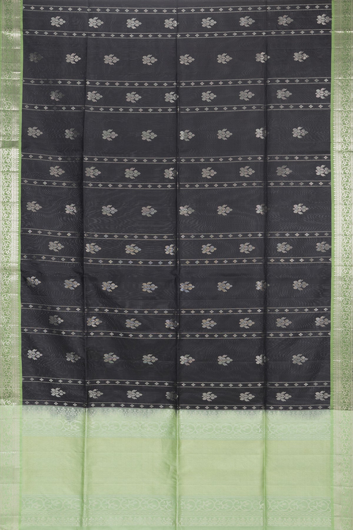 Flat view of Pure Silk Black Soft Saree with Zari Butta on the body and Zari Border. 