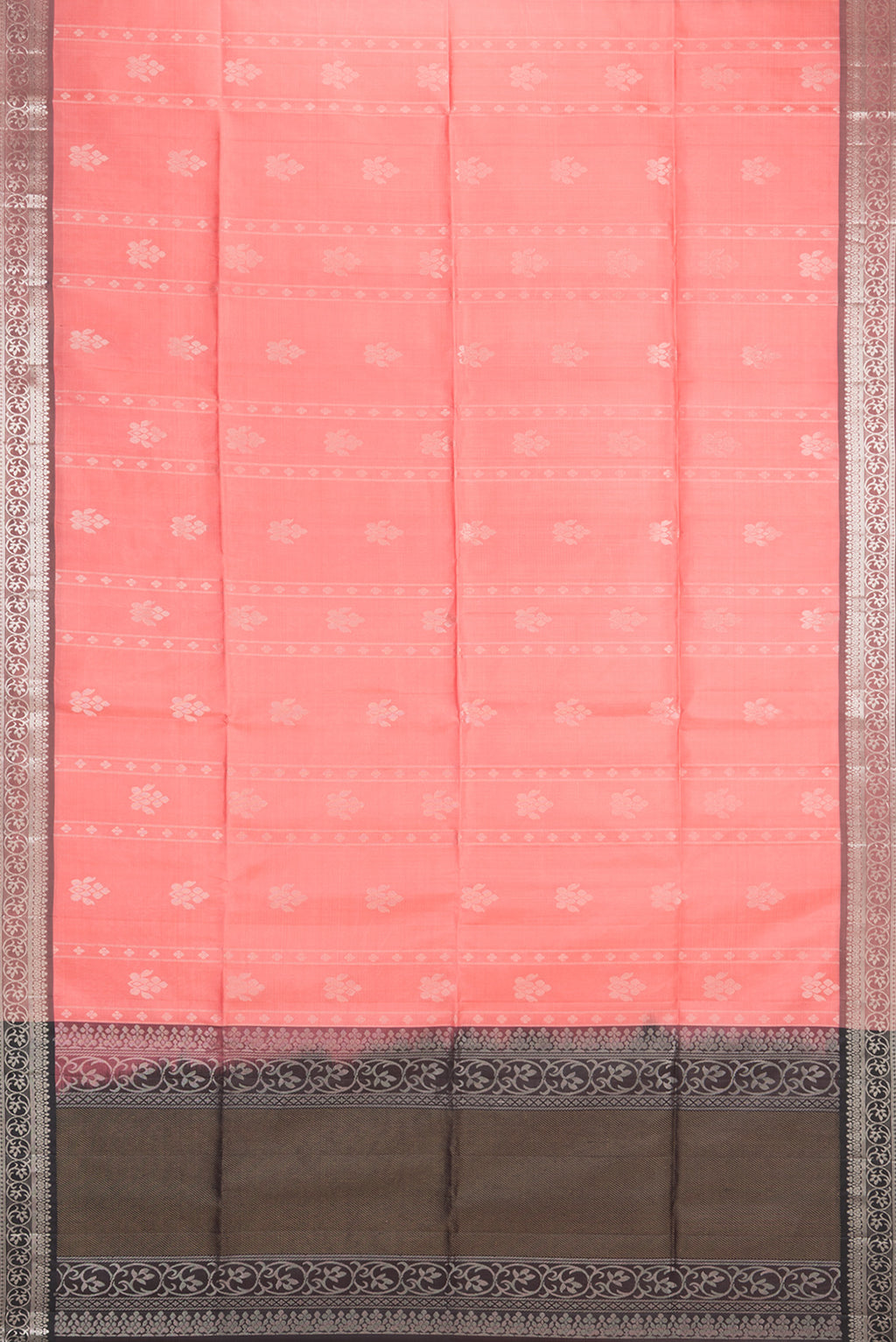 Flat view of Pure Silk Coral Soft Saree with Zari Butta on the body and Zari Border. 