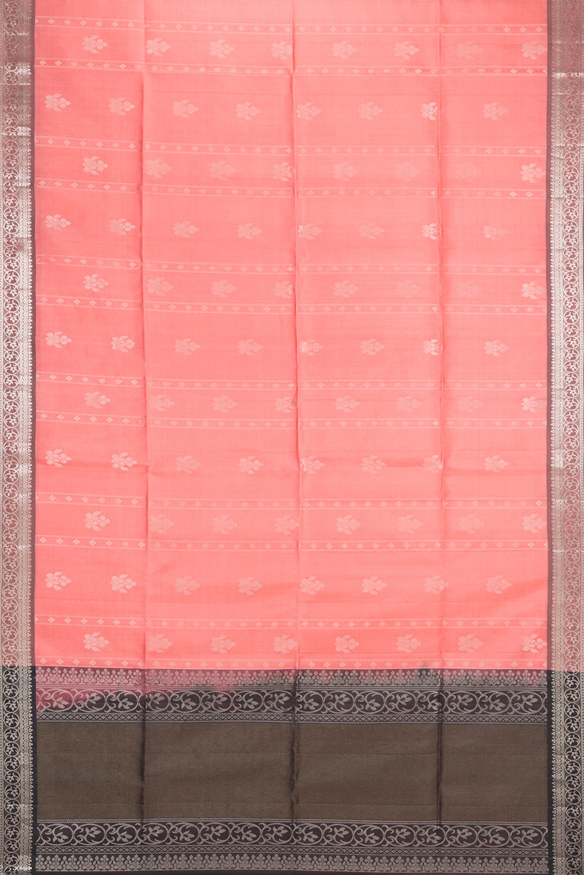 Flat view of Pure Silk Coral Soft Saree with Zari Butta on the body and Zari Border. 