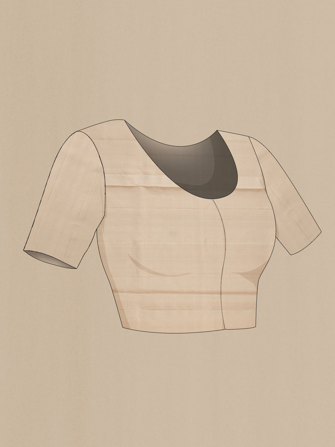 Close up image of the blouse of Pure Silk Beige Soft Saree with Zari Brocade on the body and Zari Border. 