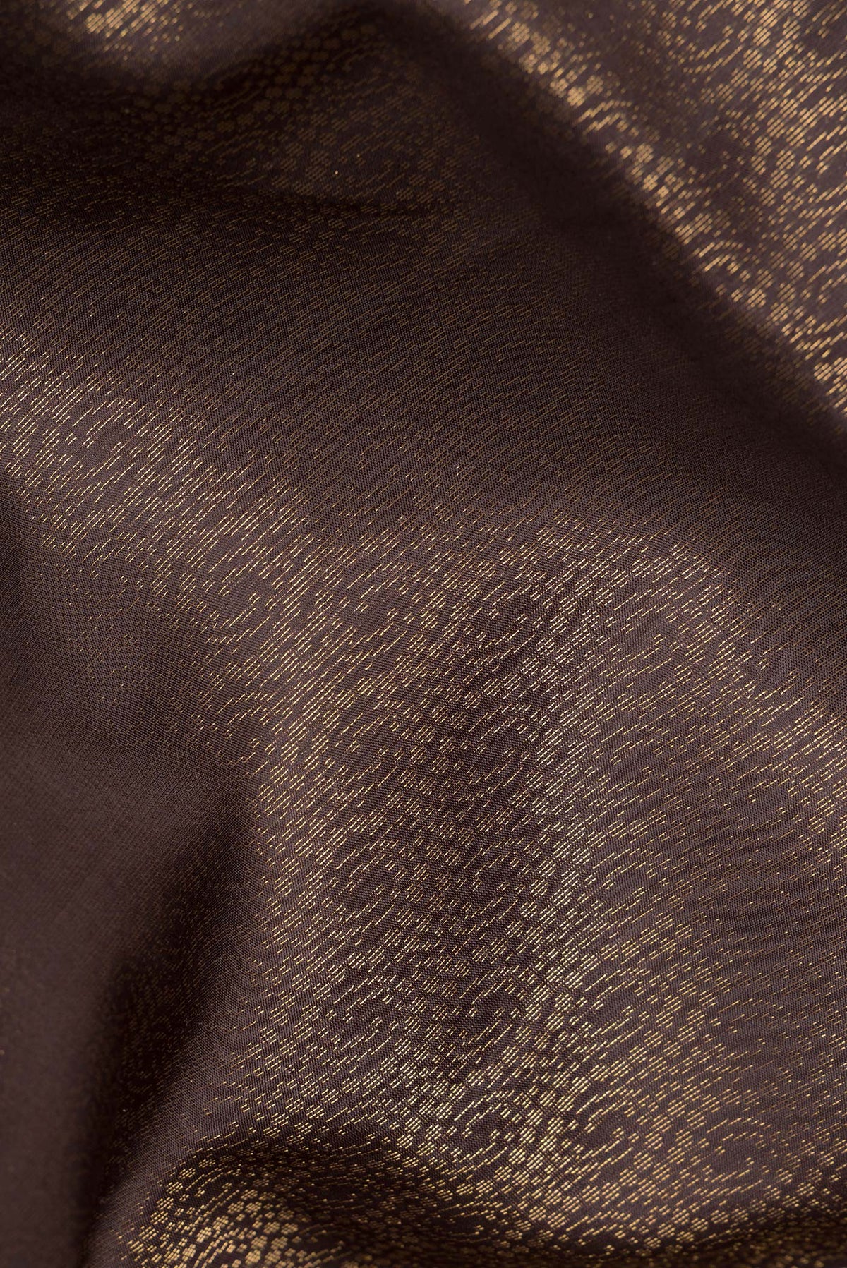 Close up of Pure Silk Coffee Brown Dual Tone Soft Saree with Zari Brocade on the body and Zari Border.  displaying folds