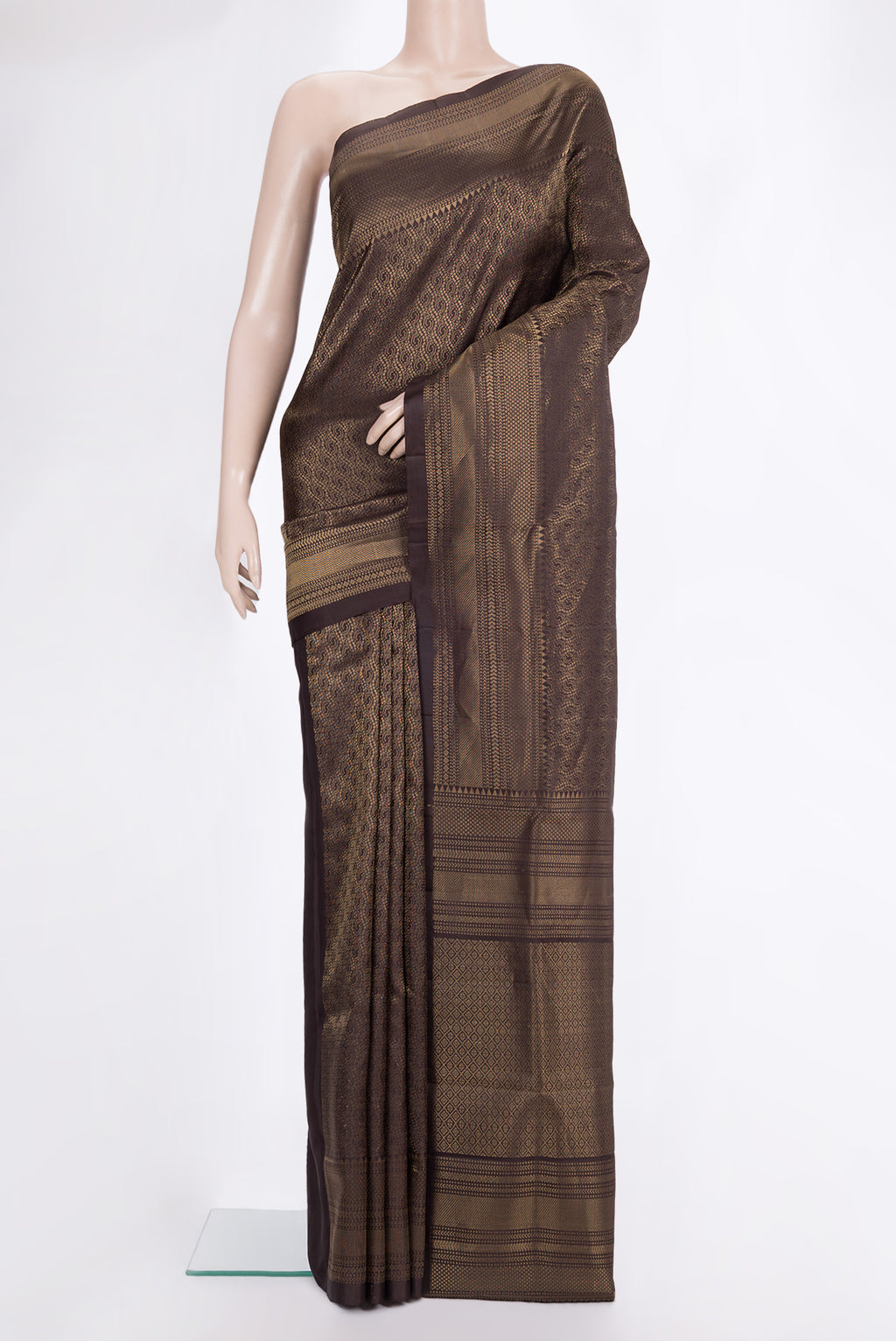Pure Silk Coffee Brown Dual Tone Soft Saree with Zari Brocade on the body and Zari Border.  displayed on a mannequin