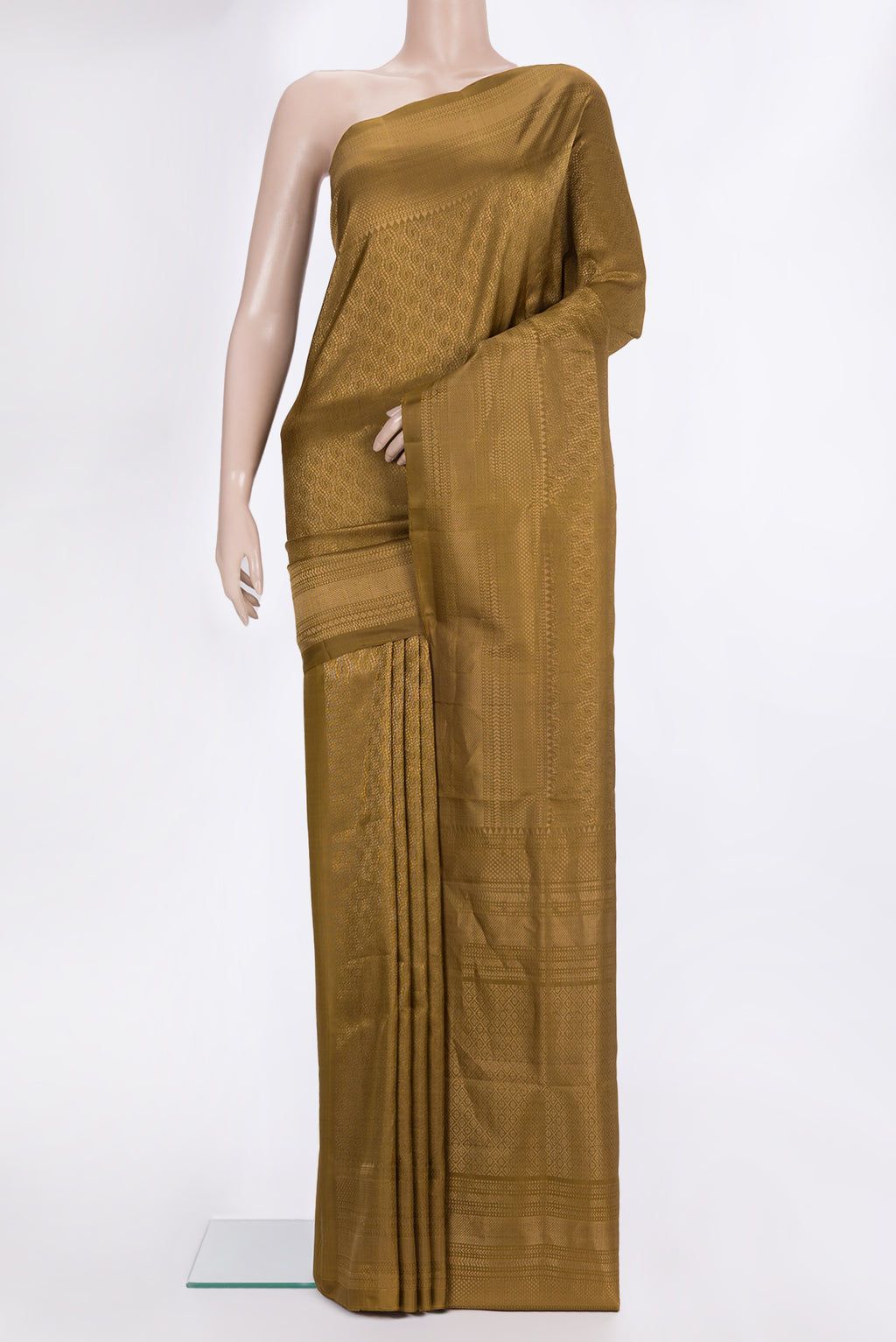 Pure Silk Mehandi Green Soft Saree with Zari Brocade on the body and Zari Border.  displayed on a mannequin