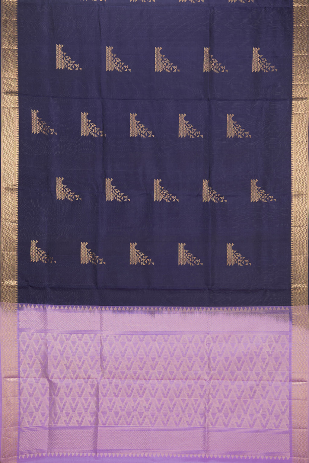 Flat view of Pure Silk Navy Blue Soft Saree with Zari Butta on the body and Zari Border. 