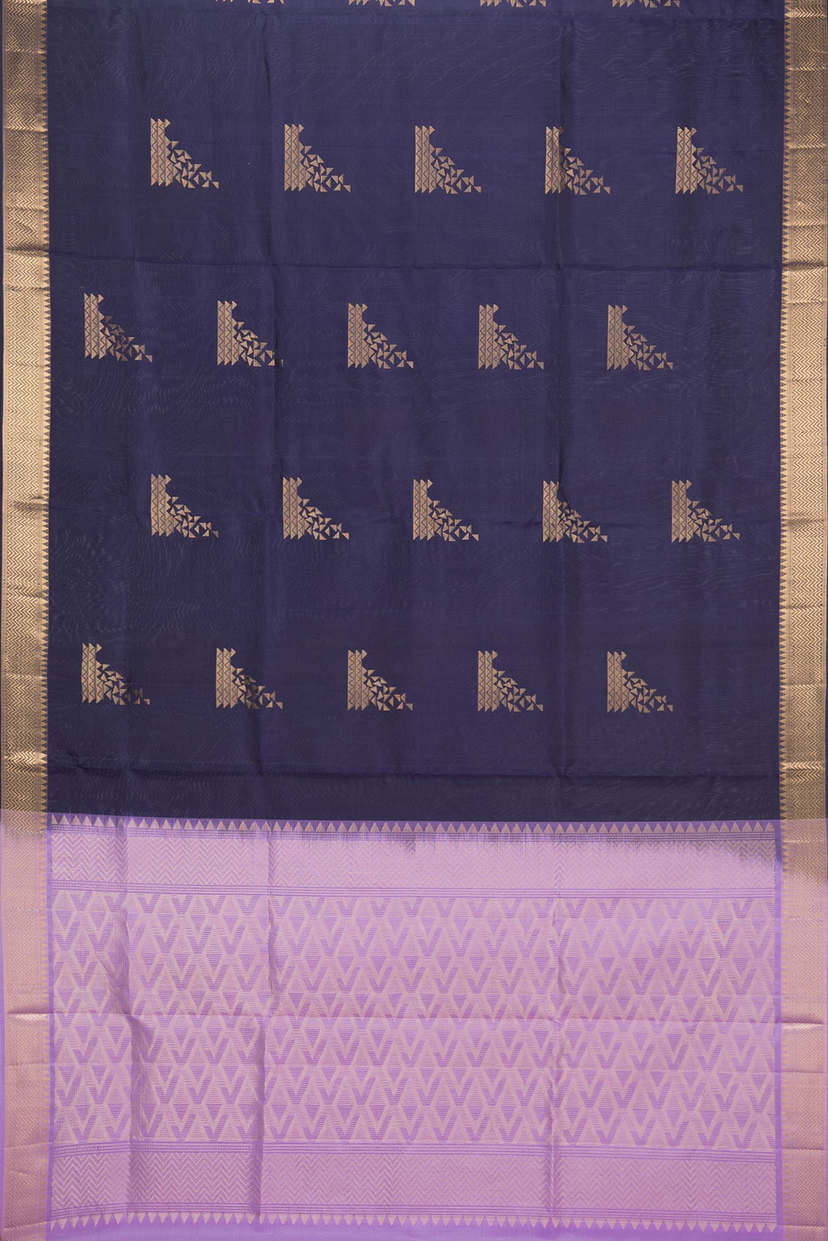 Flat view of Pure Silk Navy Blue Soft Saree with Zari Butta on the body and Zari Border. 