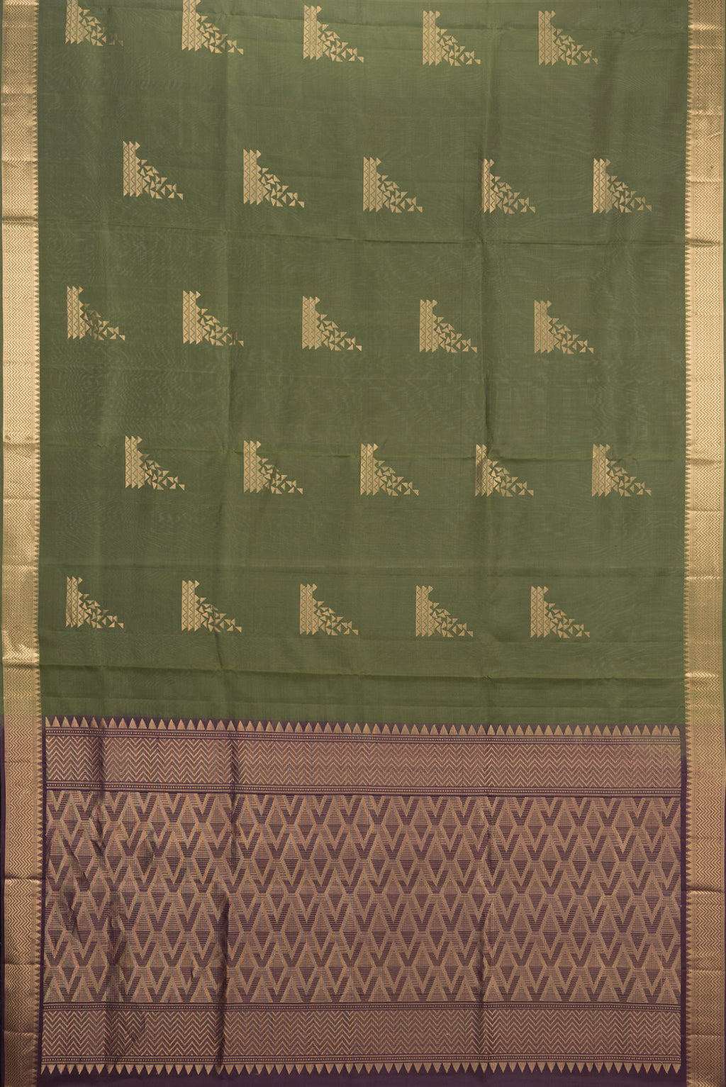 Flat view of Pure Silk Olive Green Soft Saree with Zari Butta on the body and Zari Border. 