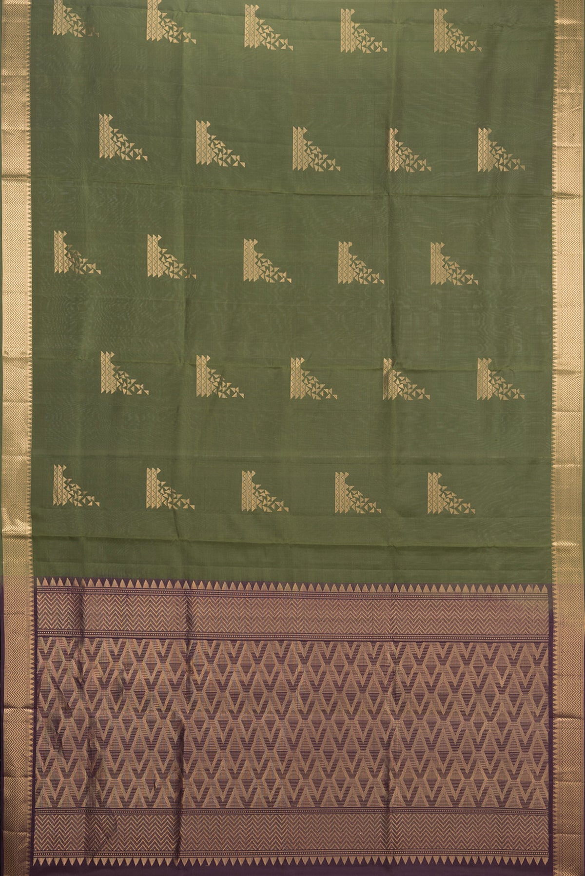 Flat view of Pure Silk Olive Green Soft Saree with Zari Butta on the body and Zari Border. 