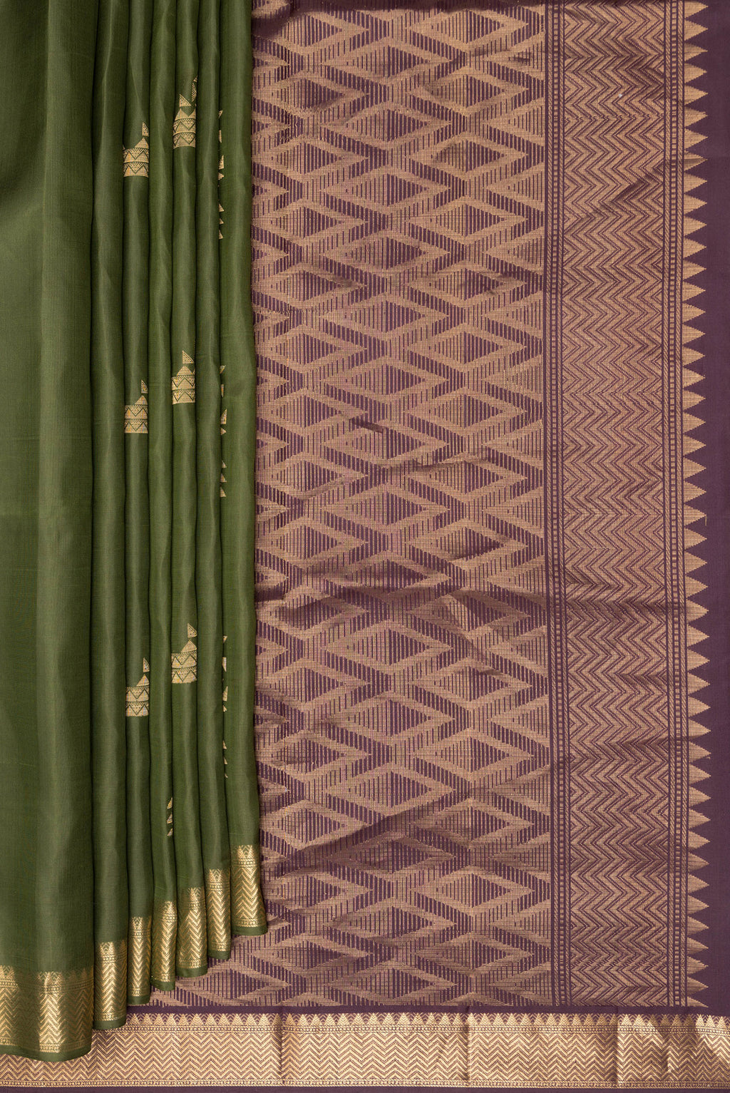 Pleats and pallu of Pure Silk Olive Green Soft Saree with Zari Butta on the body and Zari Border. 