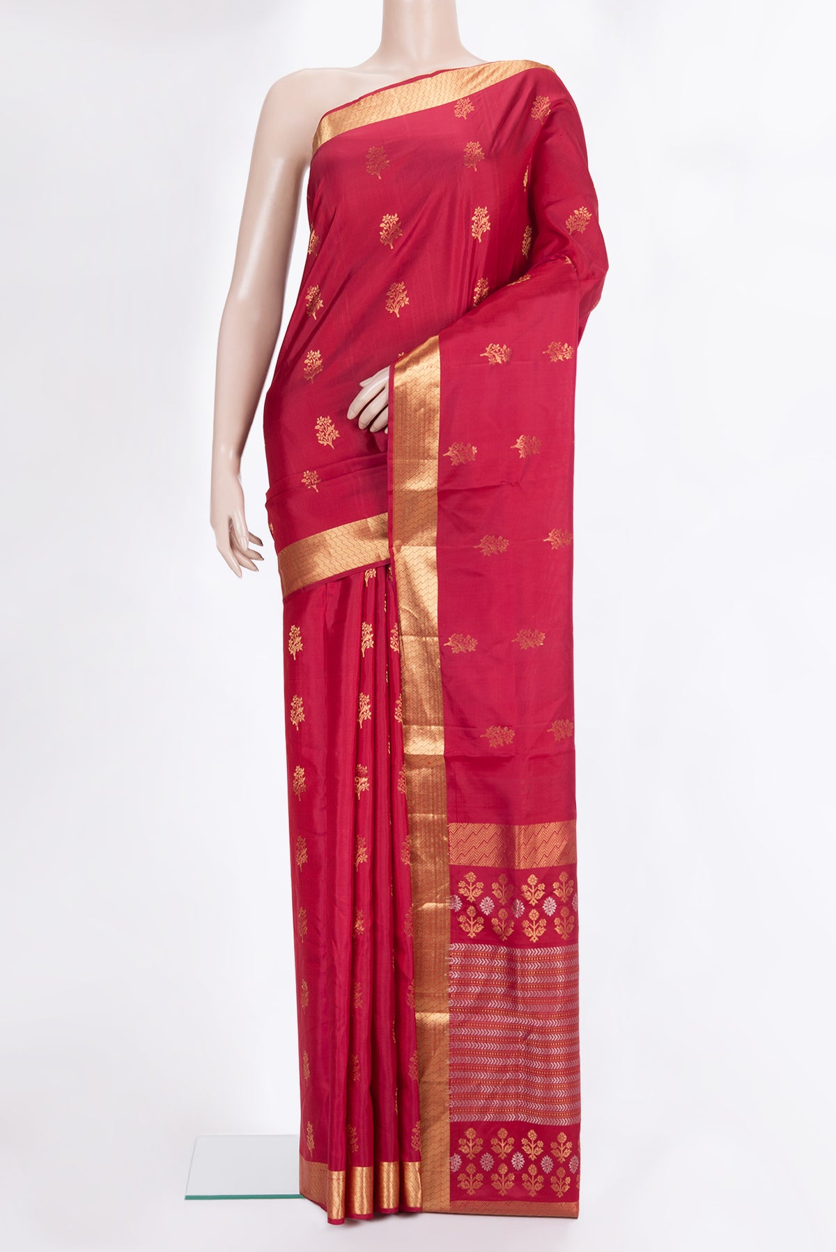 Pure Silk Red Soft Saree with Zari Butta on the body and Zari Border.  displayed on a mannequin
