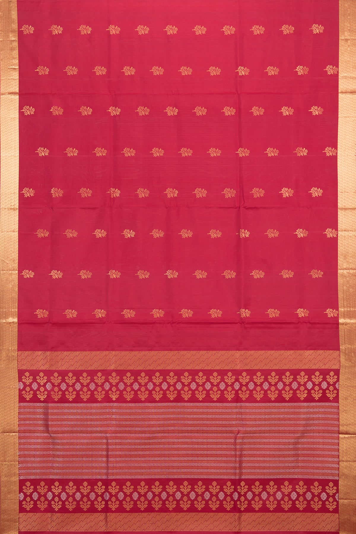 Flat view of Pure Silk Red Soft Saree with Zari Butta on the body and Zari Border. 