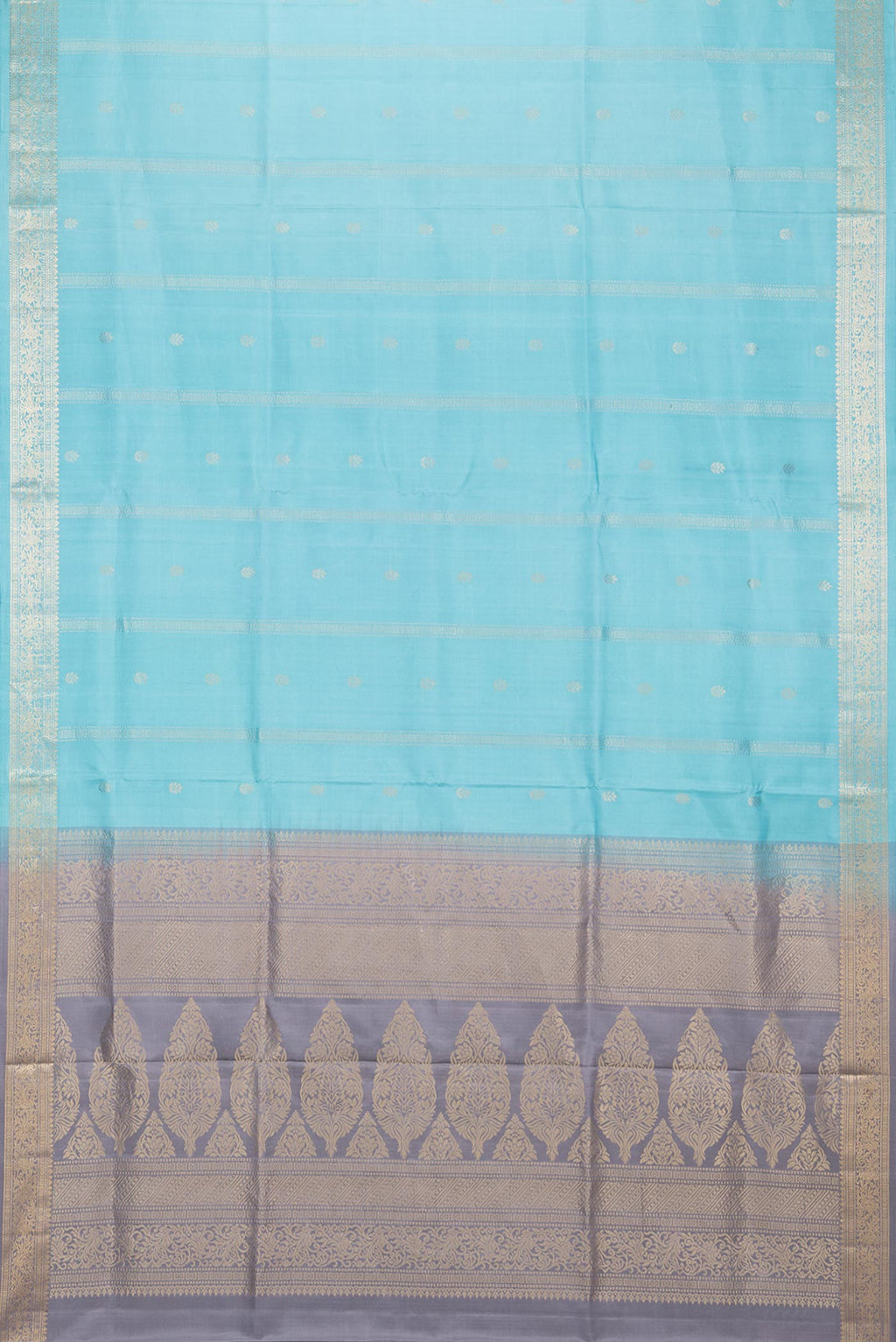 Flat view of Pure Silk Sky Blue Soft Saree with Zari Butta on the body and Zari Border. 
