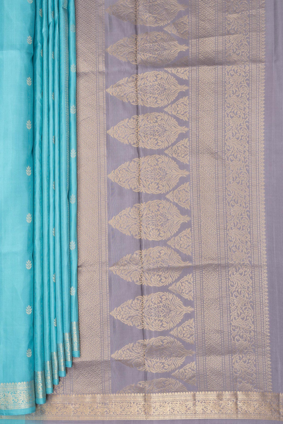 Pleats and pallu of Pure Silk Sky Blue Soft Saree with Zari Butta on the body and Zari Border. 