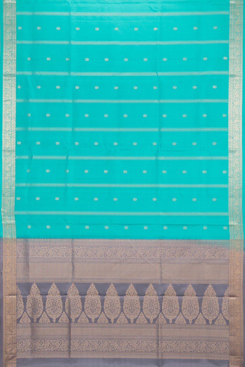 Flat view of Pure Silk Turquoise Dual Tone Soft Saree with Zari Butta on the body and Zari Border. 