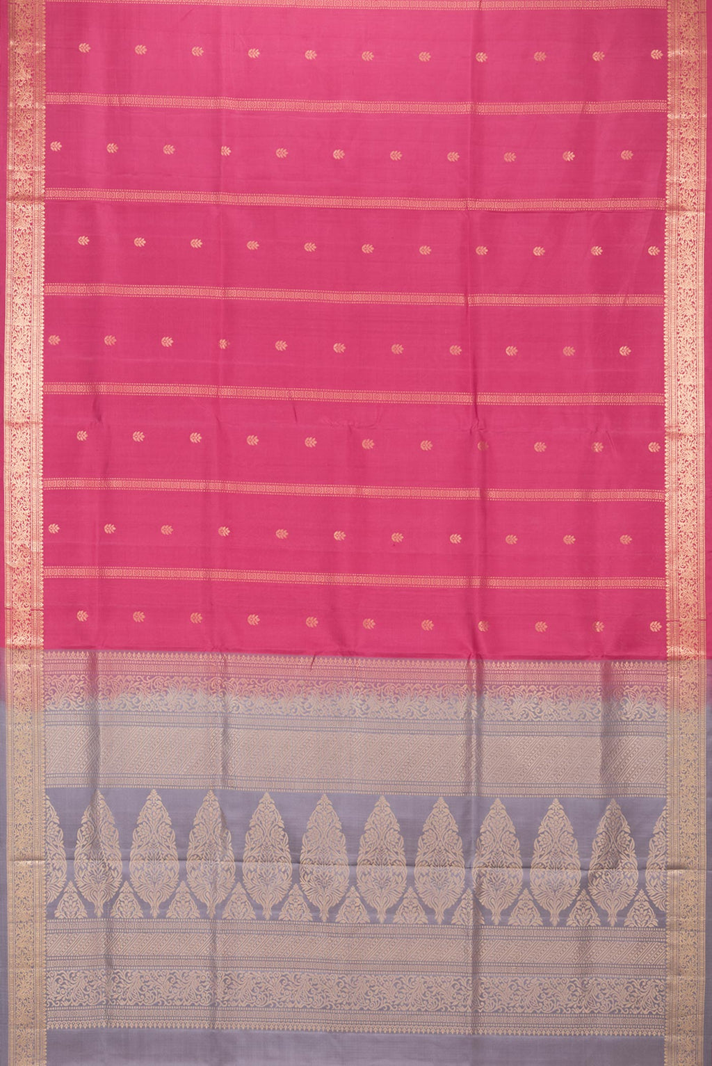 Flat view of Pure Silk Pink Soft Saree with Zari Butta on the body and Zari Border. 