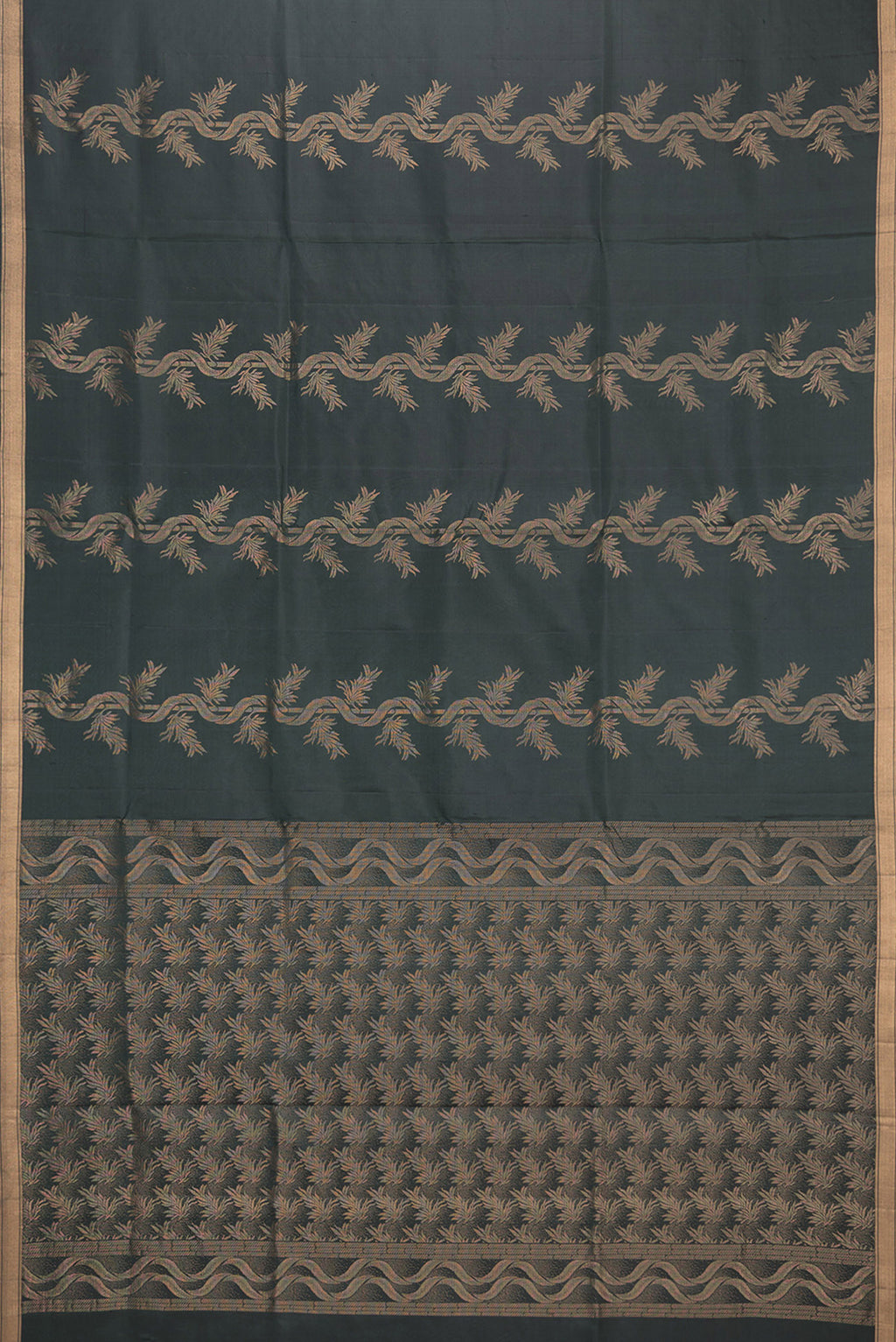 Flat view of Pure Silk Bottle Green Soft Saree with Zari Butta on the body and Zari Border. 