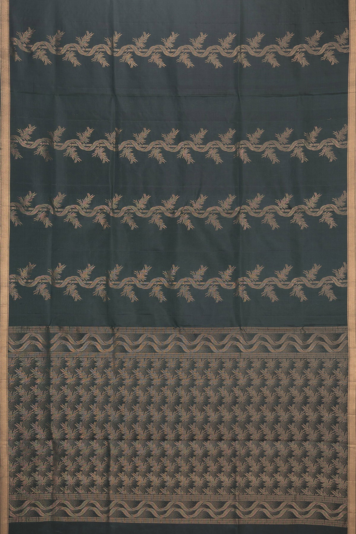 Flat view of Pure Silk Bottle Green Soft Saree with Zari Butta on the body and Zari Border. 