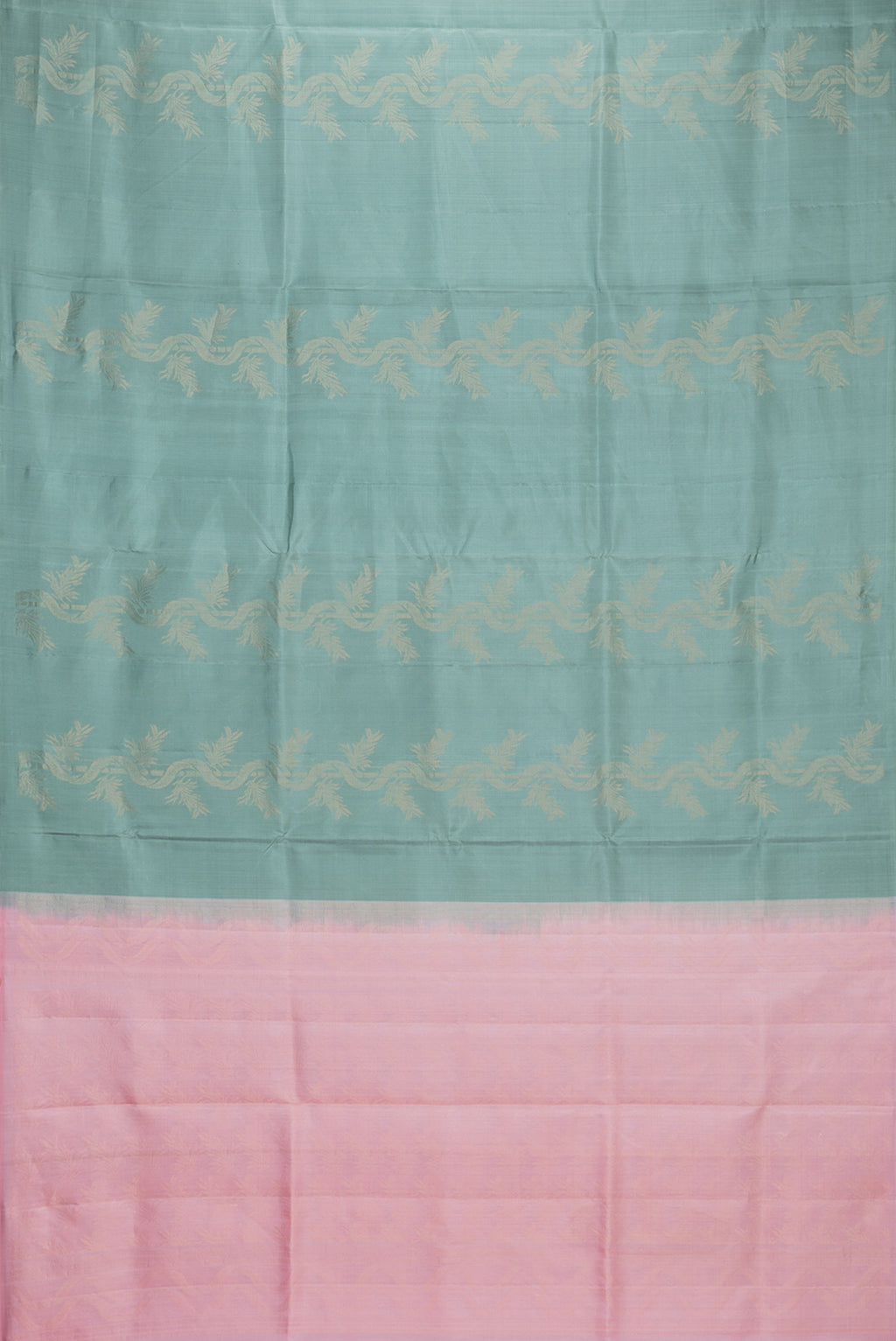 Flat view of Pure Silk Mint Green Soft Saree with Zari Butta on the body and Without Border. 