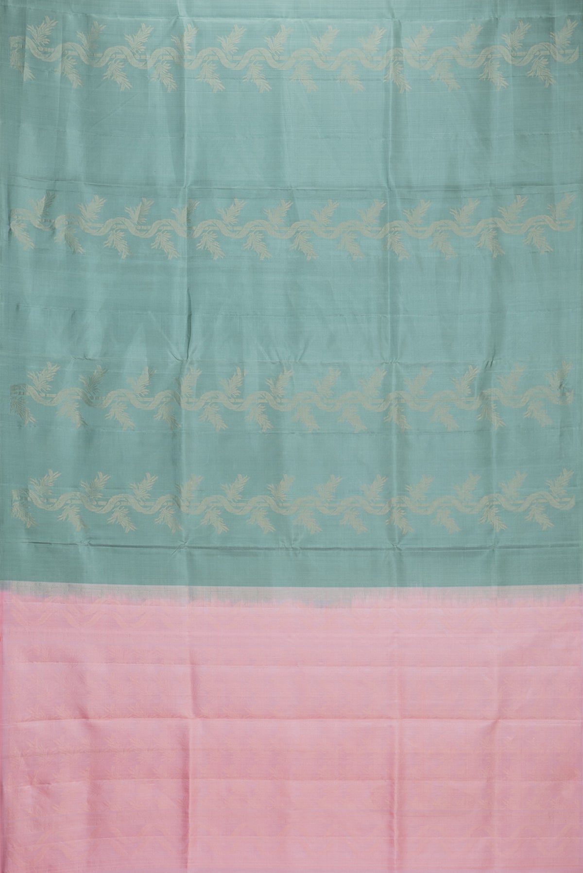 Flat view of Pure Silk Mint Green Soft Saree with Zari Butta on the body and Without Border. 