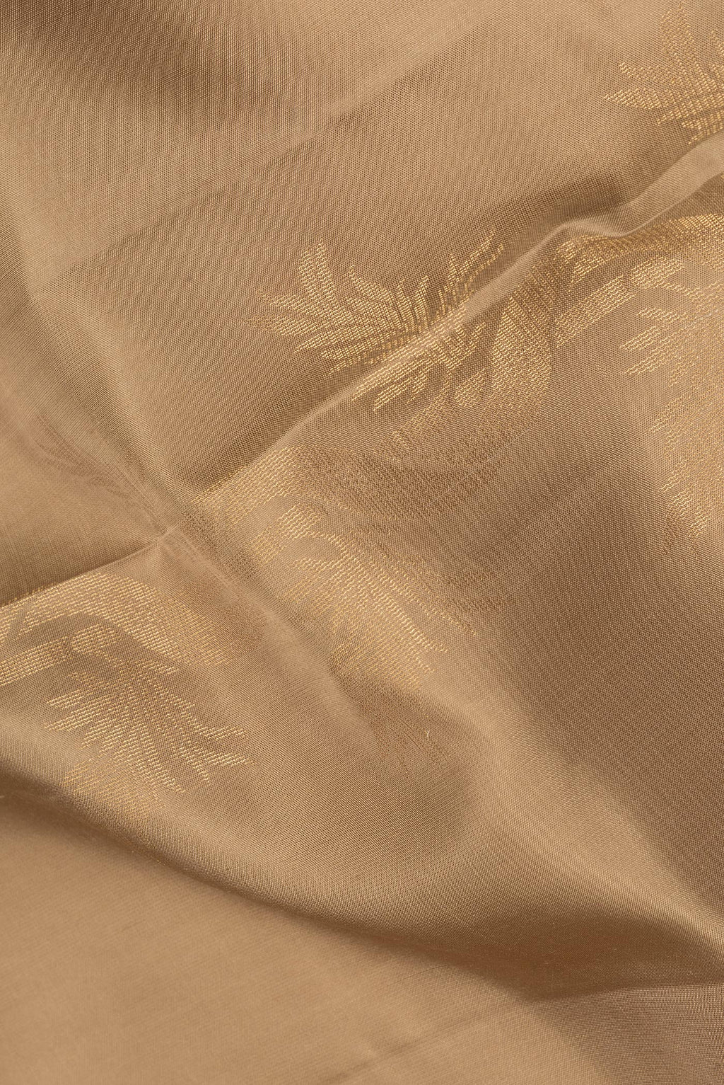 Close up of Pure Silk Beige Soft Saree with Zari Butta on the body and Without Border.  displaying folds