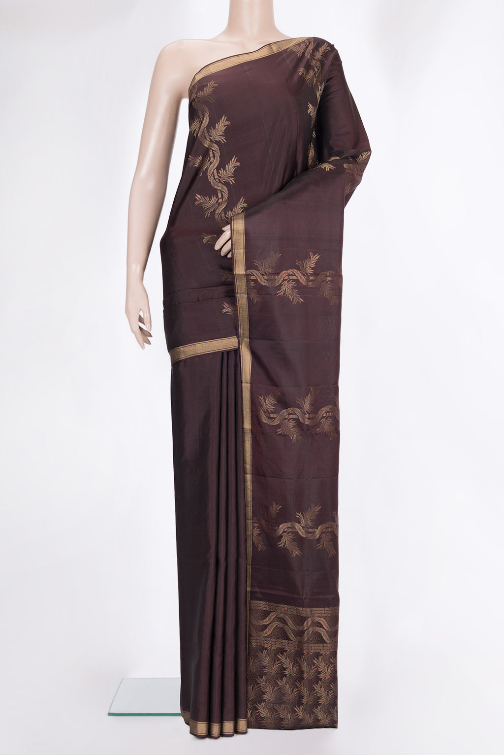 Pure Silk Coffee Brown Soft Saree with Zari Butta on the body and Zari Border.  displayed on a mannequin