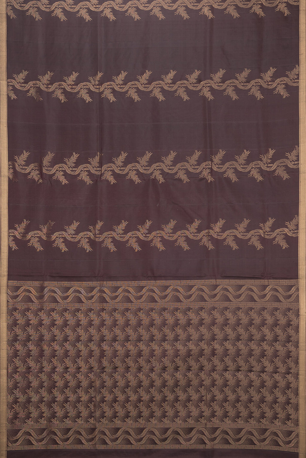 Flat view of Pure Silk Coffee Brown Soft Saree with Zari Butta on the body and Zari Border. 