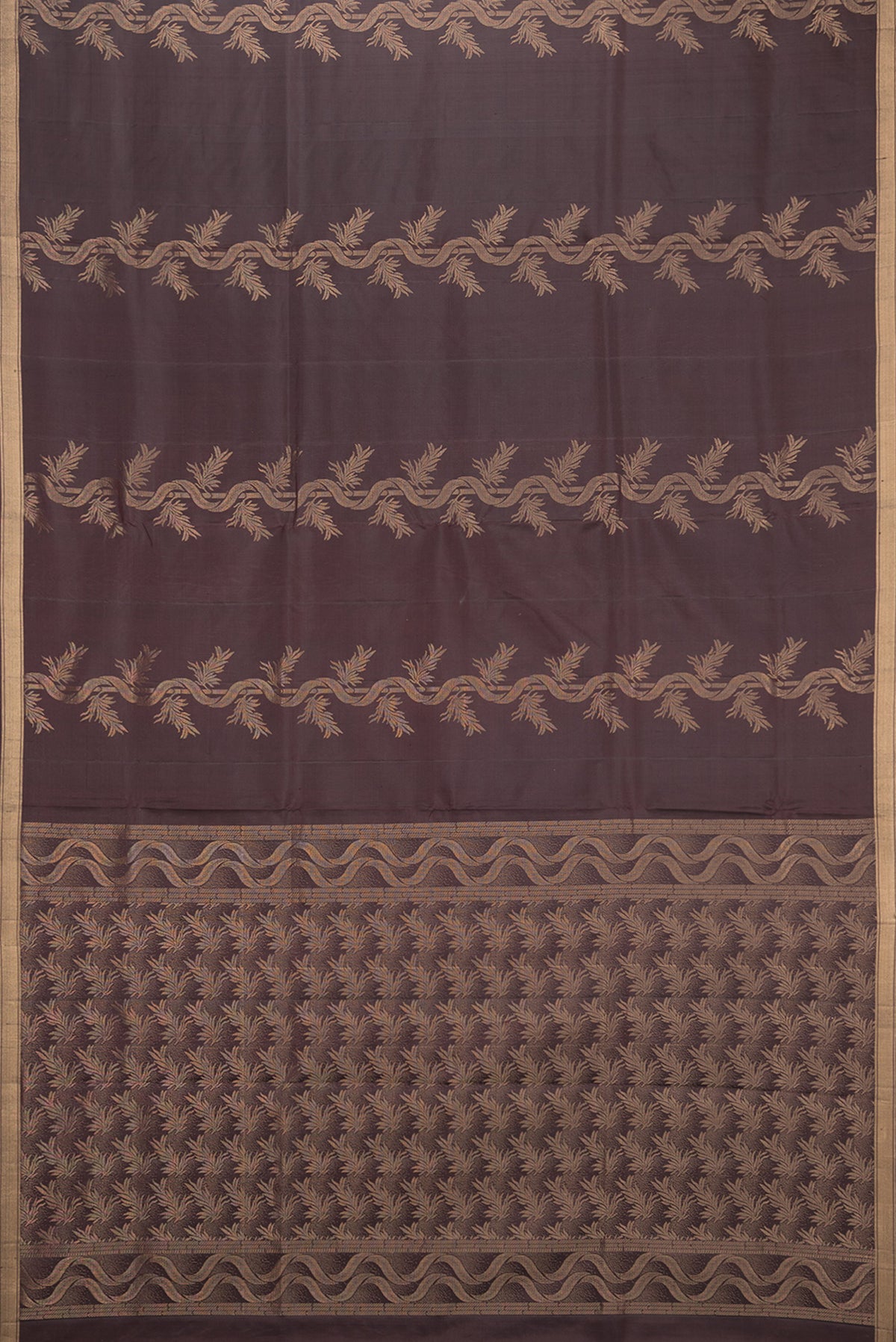 Flat view of Pure Silk Coffee Brown Soft Saree with Zari Butta on the body and Zari Border. 