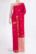 Pure Silk Dark Pink Soft Saree with Zari Butta on the body and Zari Border.  displayed on a mannequin