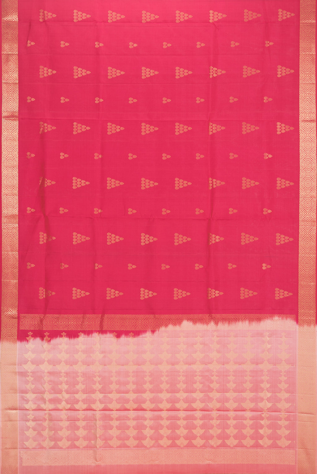 Flat view of Pure Silk Dark Pink Soft Saree with Zari Butta on the body and Zari Border. 
