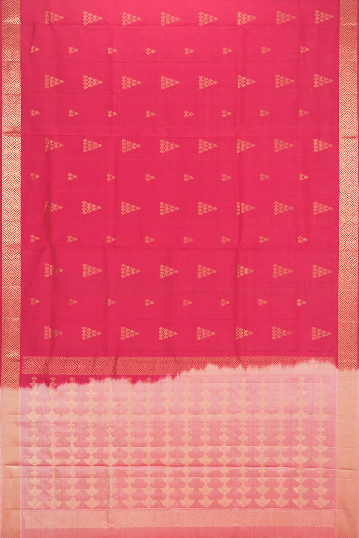 Flat view of Pure Silk Dark Pink Soft Saree with Zari Butta on the body and Zari Border. 