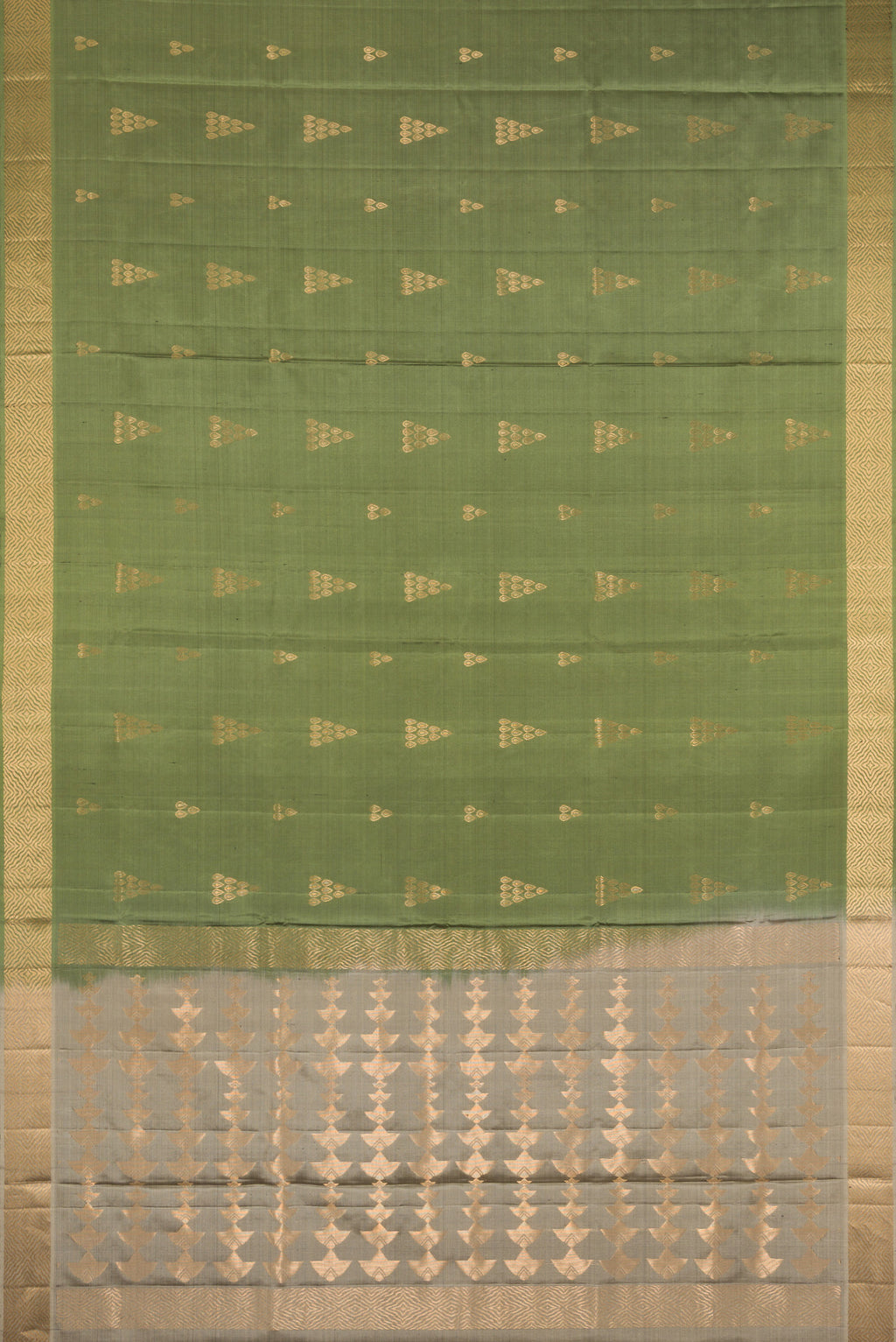 Flat view of Pure Silk Olive Green Soft Saree with Zari Butta on the body and Zari Border. 