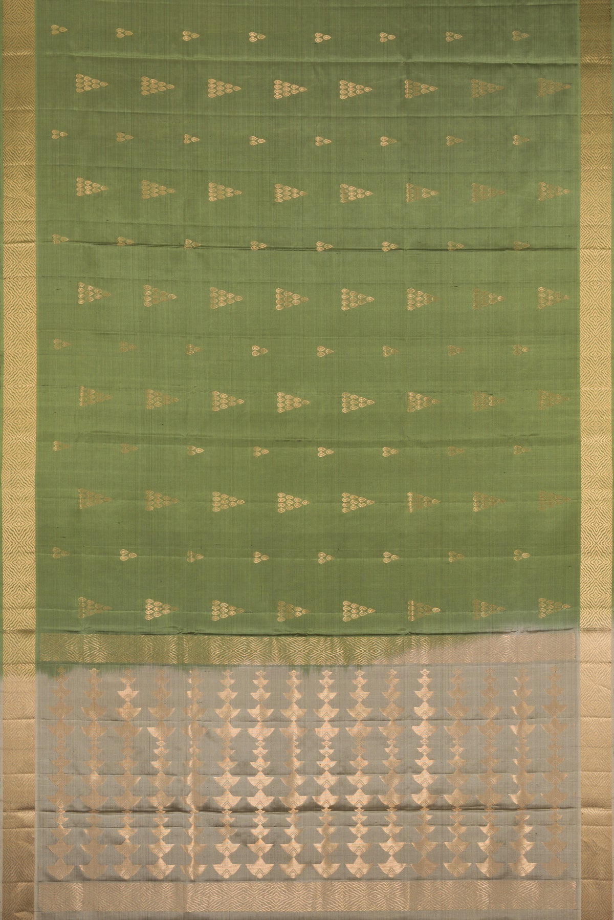 Flat view of Pure Silk Olive Green Soft Saree with Zari Butta on the body and Zari Border. 