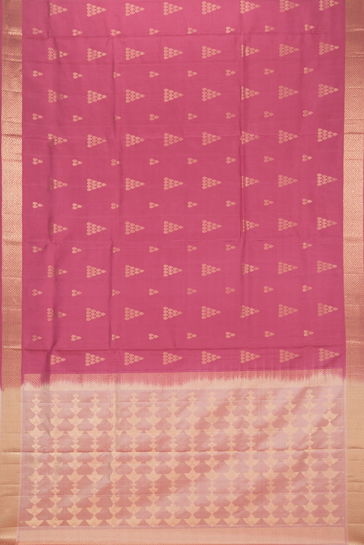 Flat view of Pure Silk Coral Soft Saree with Zari Butta on the body and Zari Border. 
