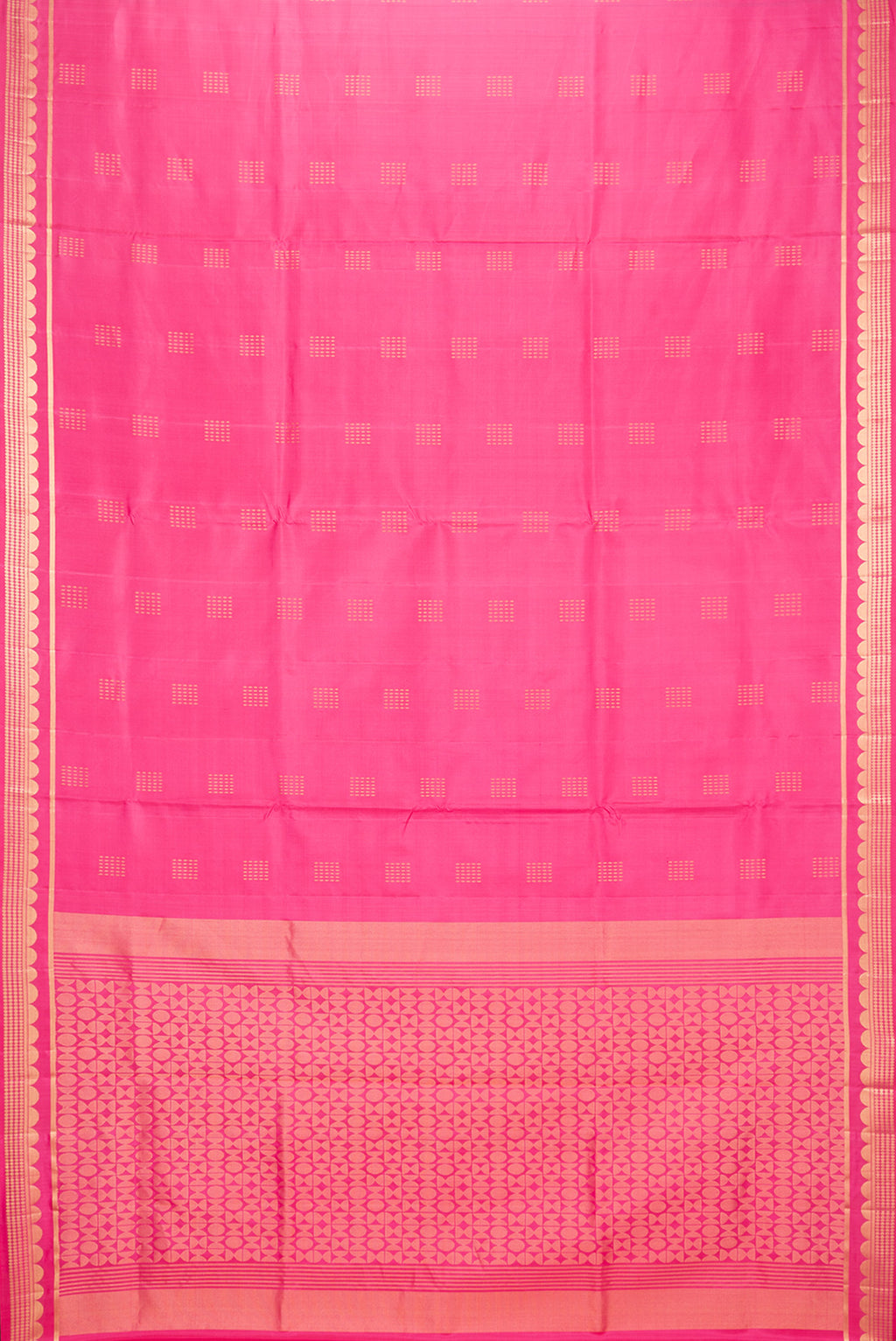 Flat view of Pure Silk Pink Soft Saree with Zari Butta on the body and Zari Border. 