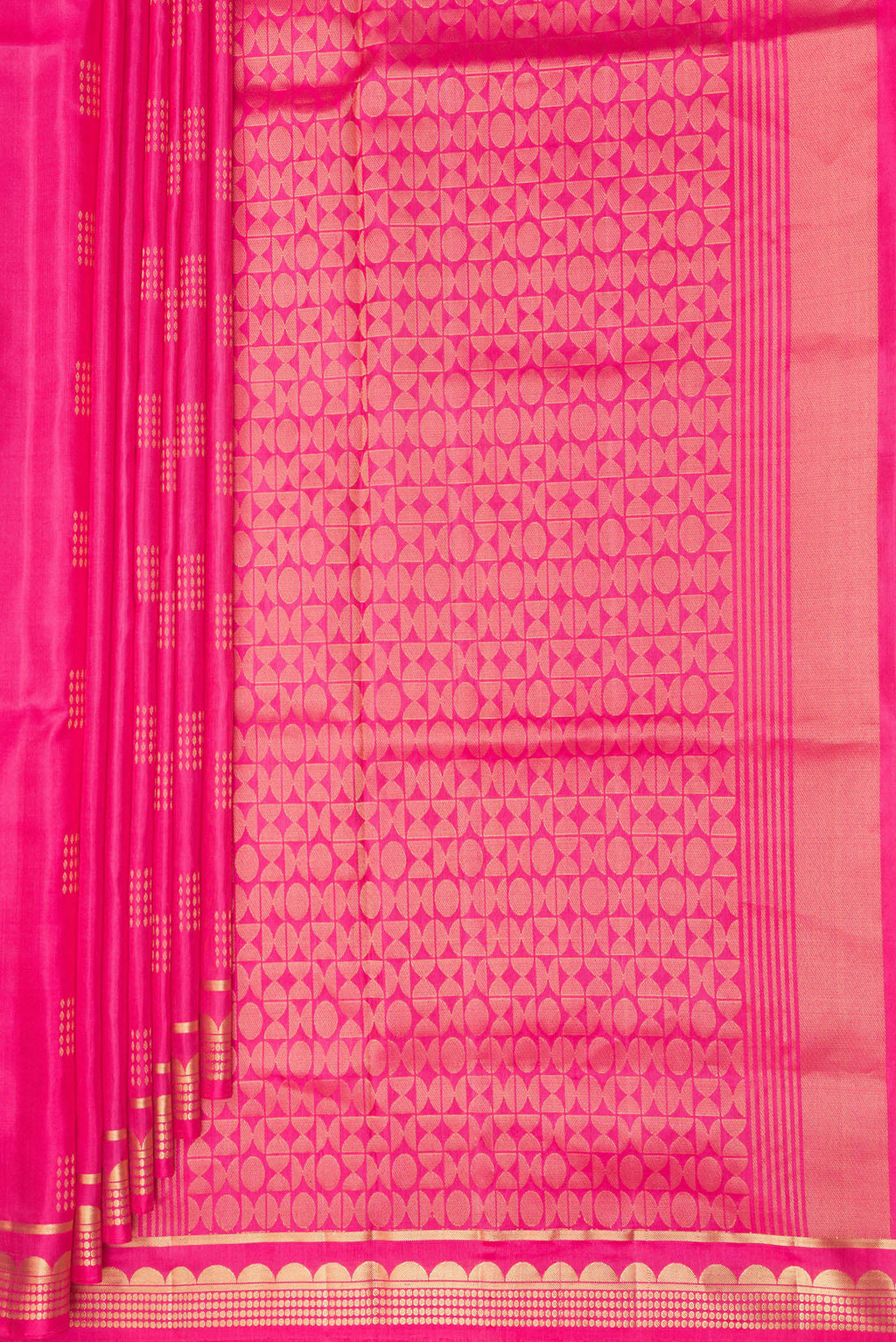 Pleats and pallu of Pure Silk Pink Soft Saree with Zari Butta on the body and Zari Border. 